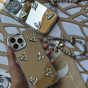 قاب آینه ای قلب کرومی با آویز گوشی آیفون مدل iPhone 11promax