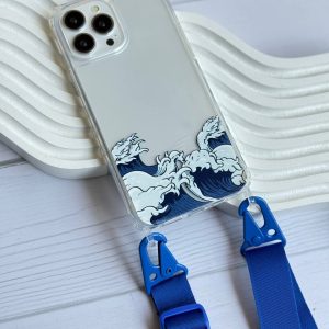قاب موبایل 15Pro سفارشی دو قلاب شفاف بند آبی | طرح دریا (کد 0220)