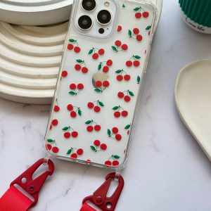 قاب موبایل سفارشی دو قلاب شفاف با بند قرمز | آلبالو (کد 0215)