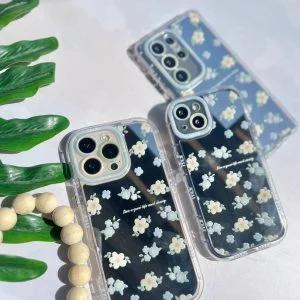 قاب آینه ای طرح گل سفید و آبی گوشی شیائومی ردمی نوت 14 4G